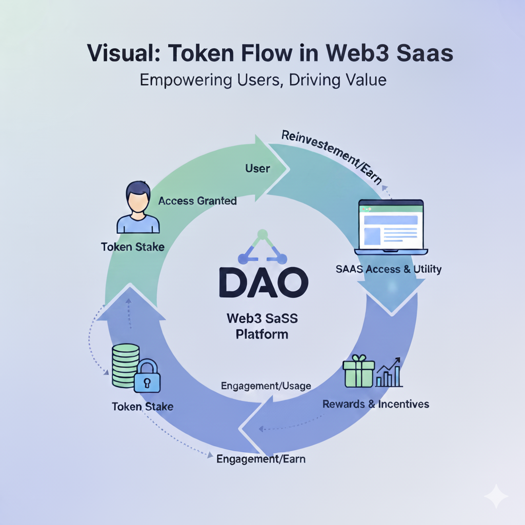 “Token-based subscription model in Web3 SaaS use cases showing reward and access cycle 