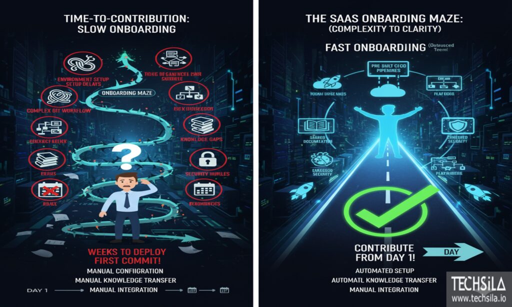 Visualizing the complex web of SaaS microservices and dependencies that requires streamlined onboarding for new developers.
