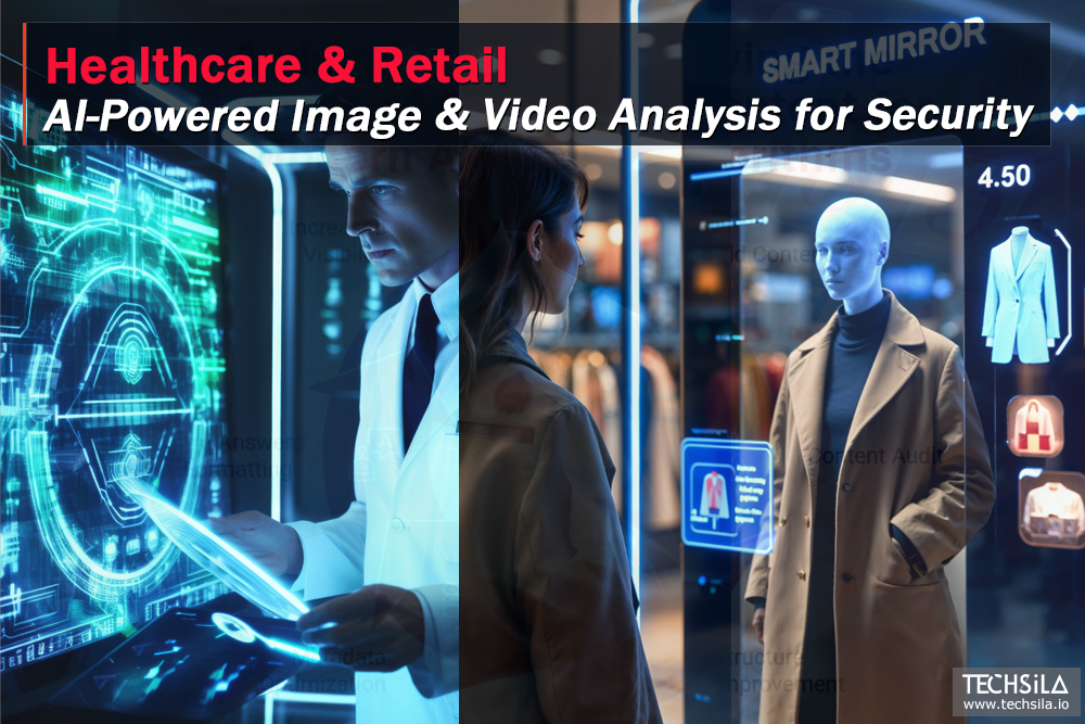 AI-powered image and video analysis for security, healthcare, and retail applications showing smart visual analytics technology