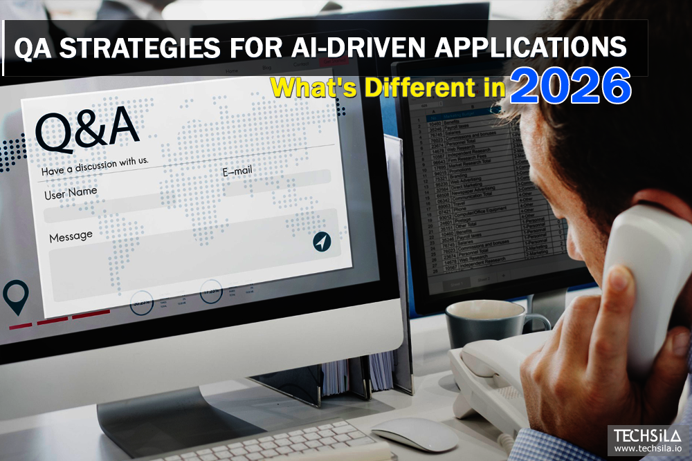 AI consulting services team reviewing QA strategies for AI-driven applications on a dashboard in 2026