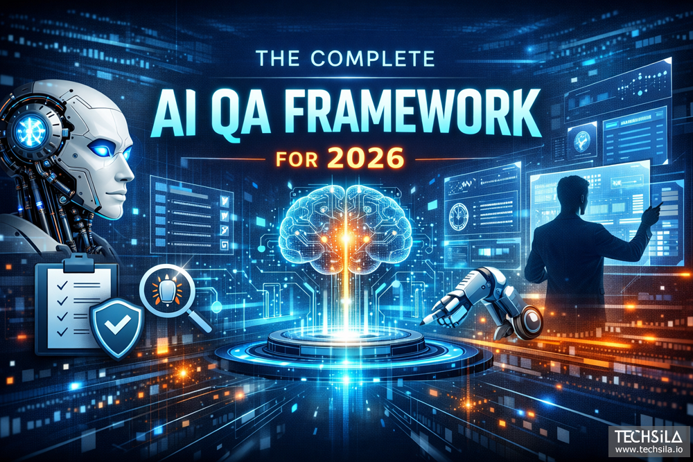 Six-layer AI QA framework diagram used by AI consulting services teams to test and monitor AI-driven applications